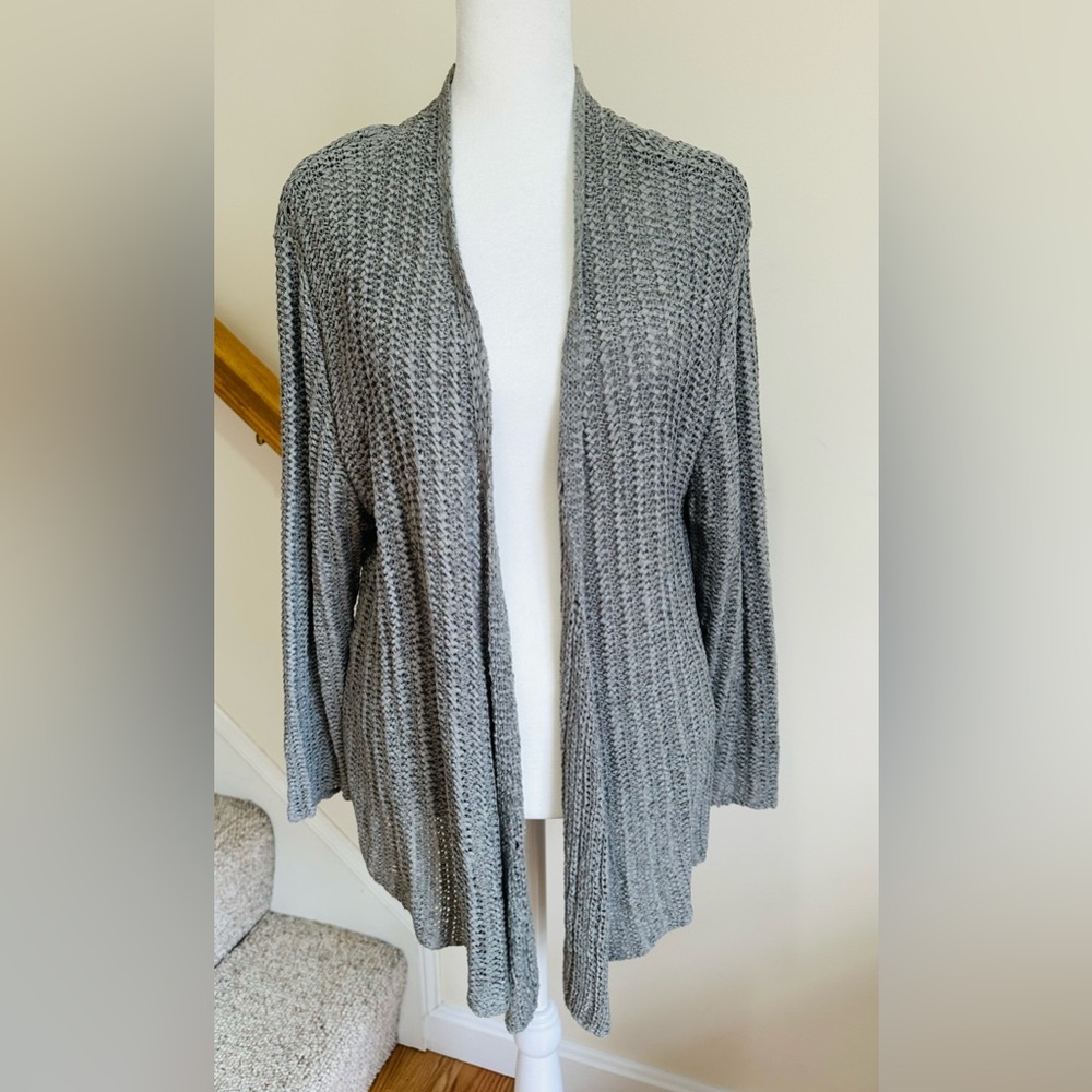 Apropos gray knit sweater with open front. Size large. Acrylic and nylon.